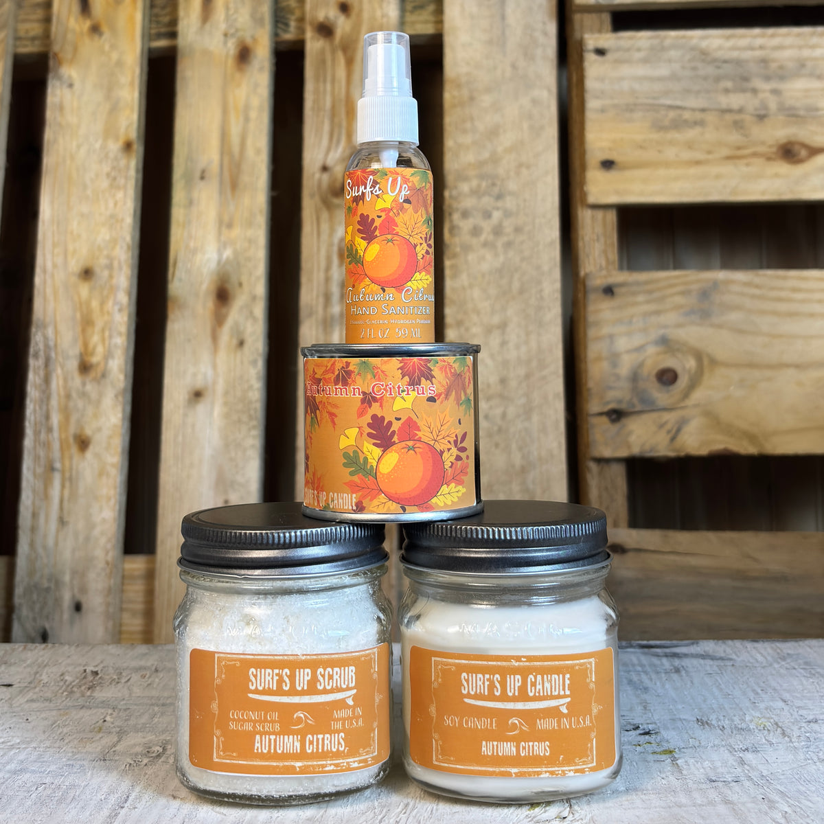 Autumn Citrus Essentials Set – Fall Candle, Sugar Scrub & Hand Sanitizer Gift Set