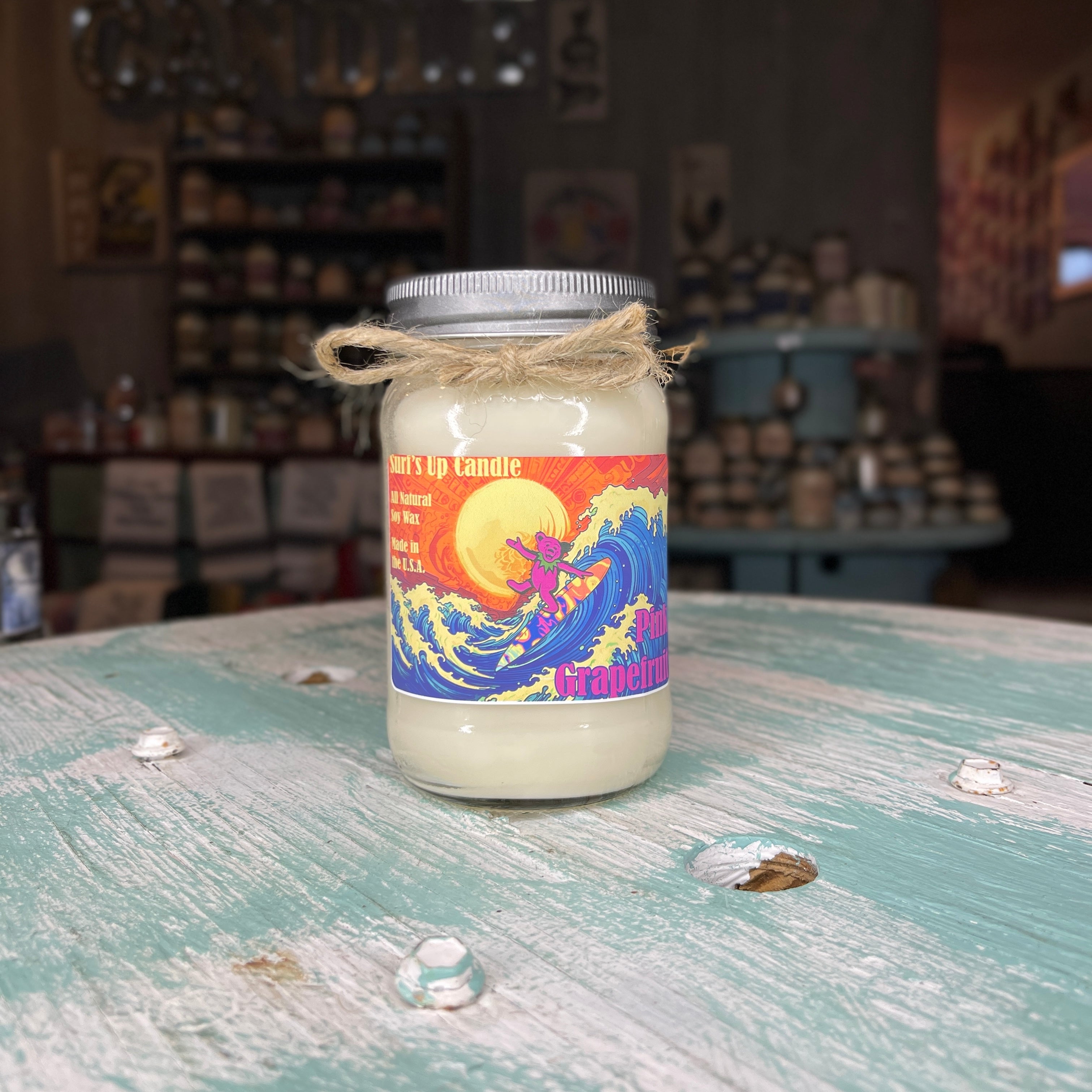 Pink Grapefruit Surfin' Bear Mason Jar Candle- Grateful Dead Inspired Collection