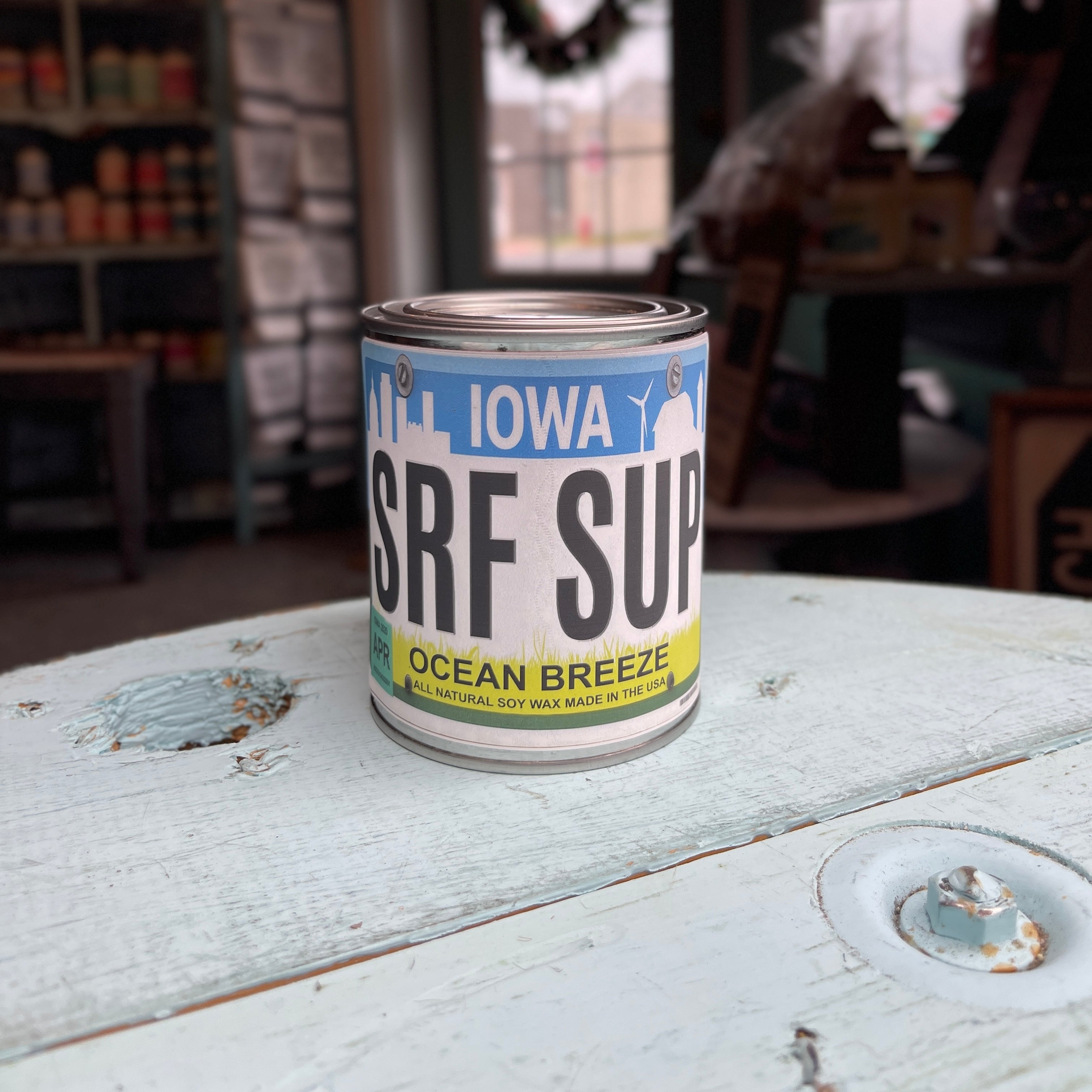 Iowa License Plate Ocean Breeze Paint Can Candle
