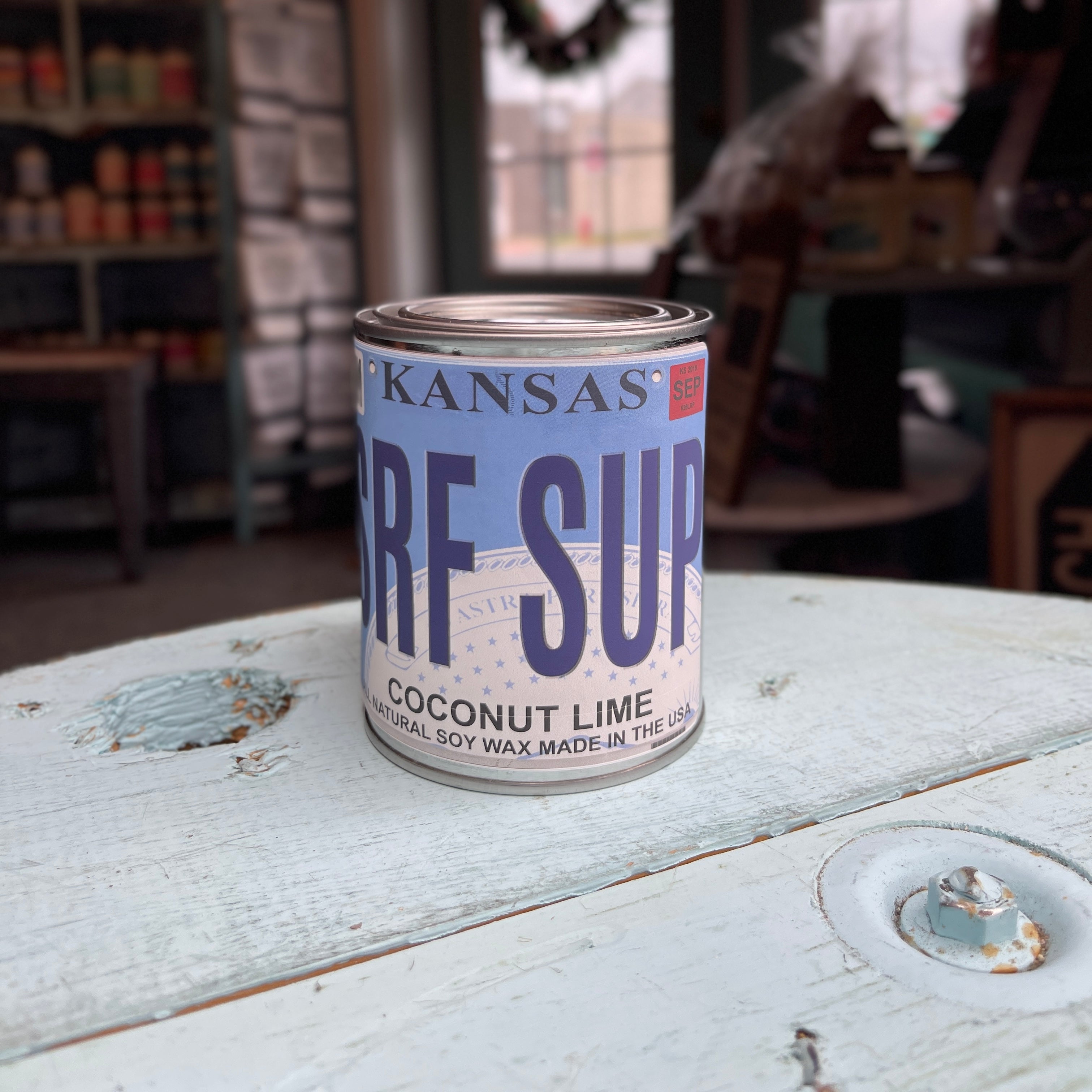 Kansas License Plate Coconut Lime Paint Can Candle