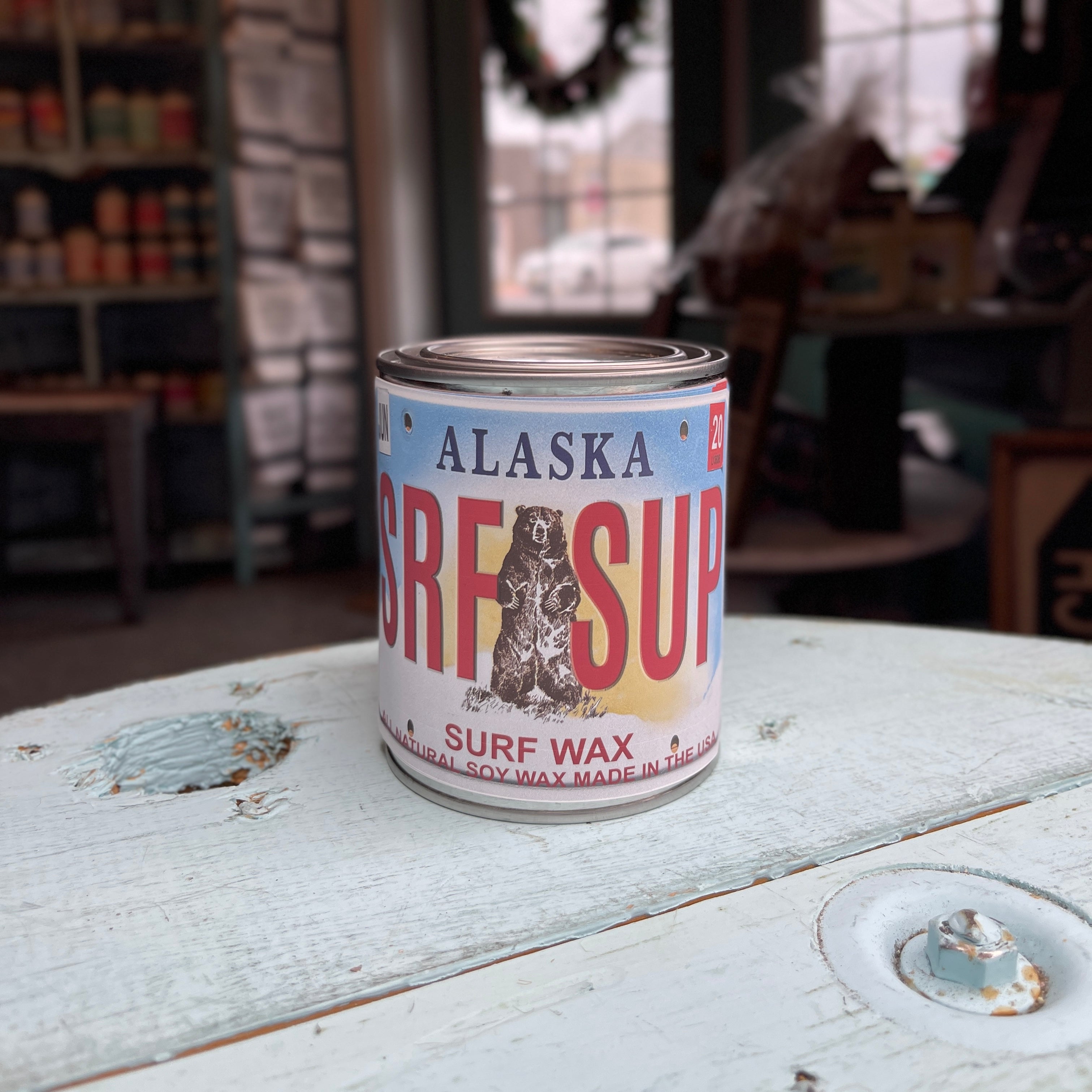Alaska License Plate Surf Wax Paint Can Candle