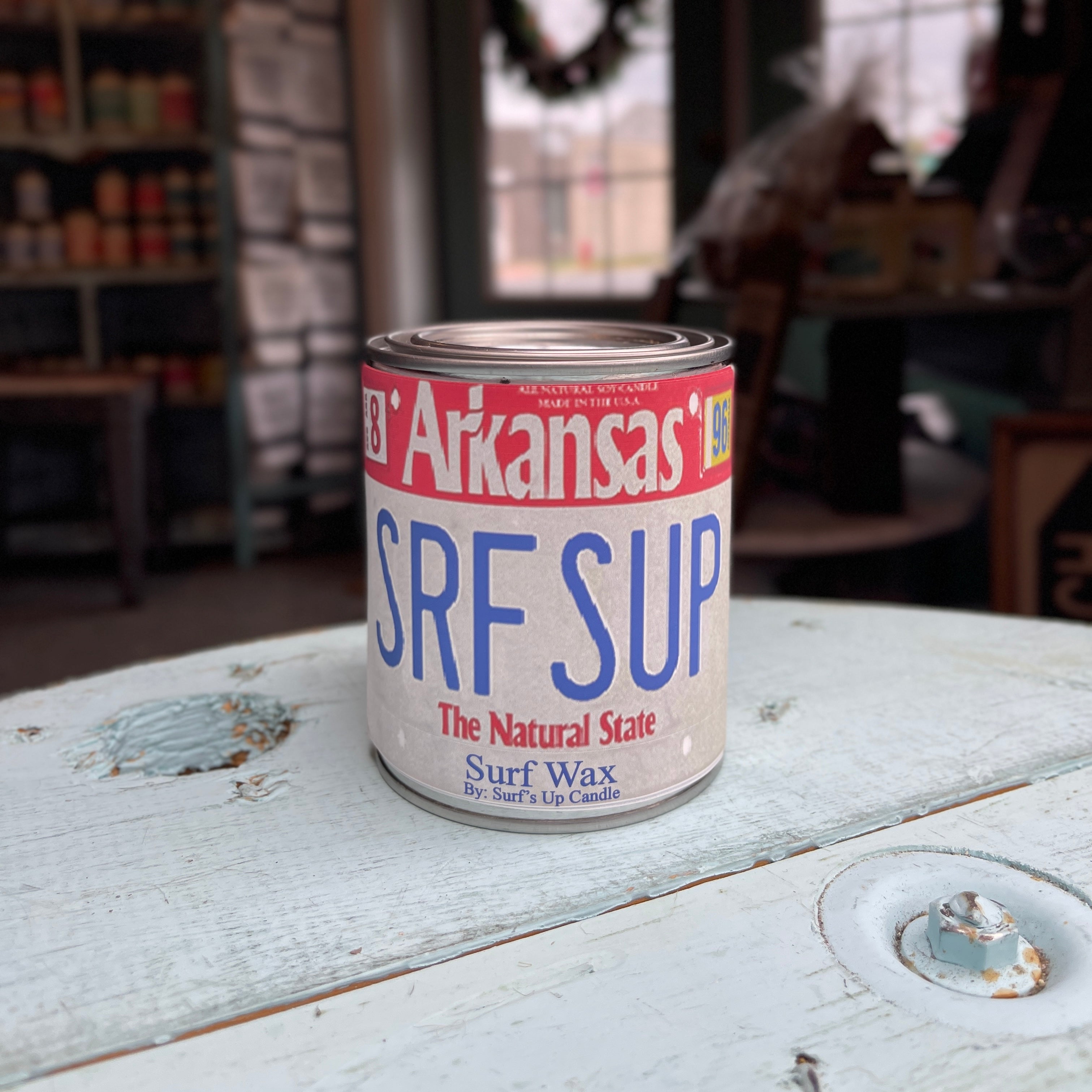 Arkansas License Plate Surf Wax Paint Can Candle