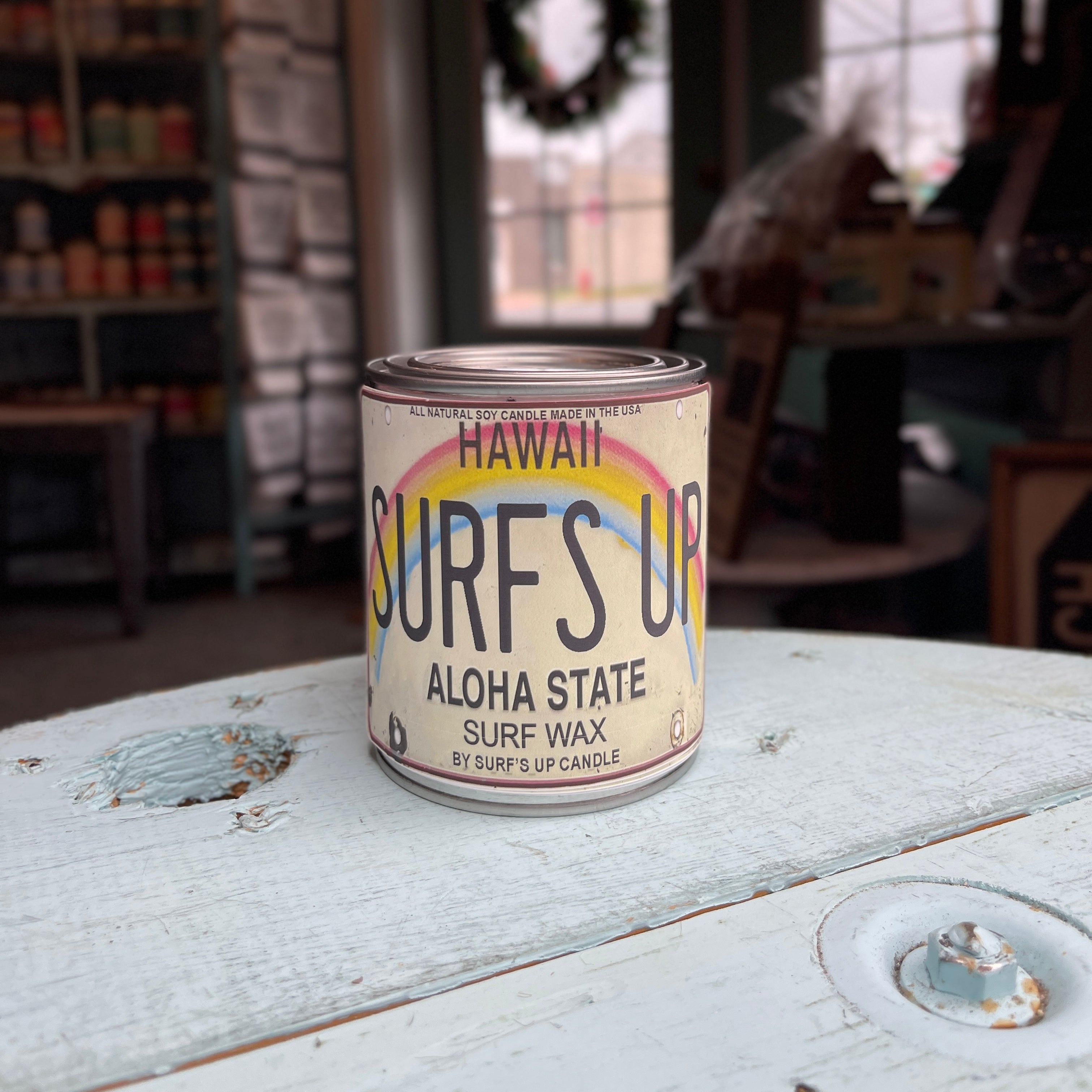 Hawaii License Plate Surf Wax Paint Can Candle