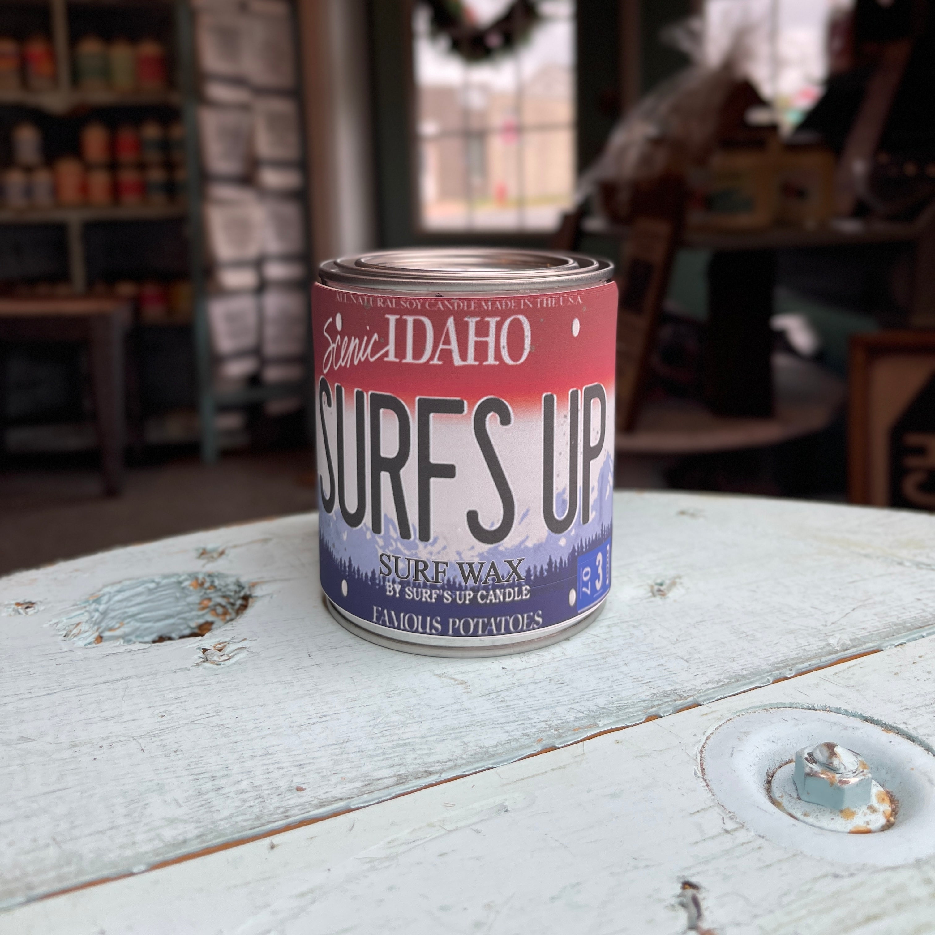 Idaho License Plate Surf Wax Paint Can Candle