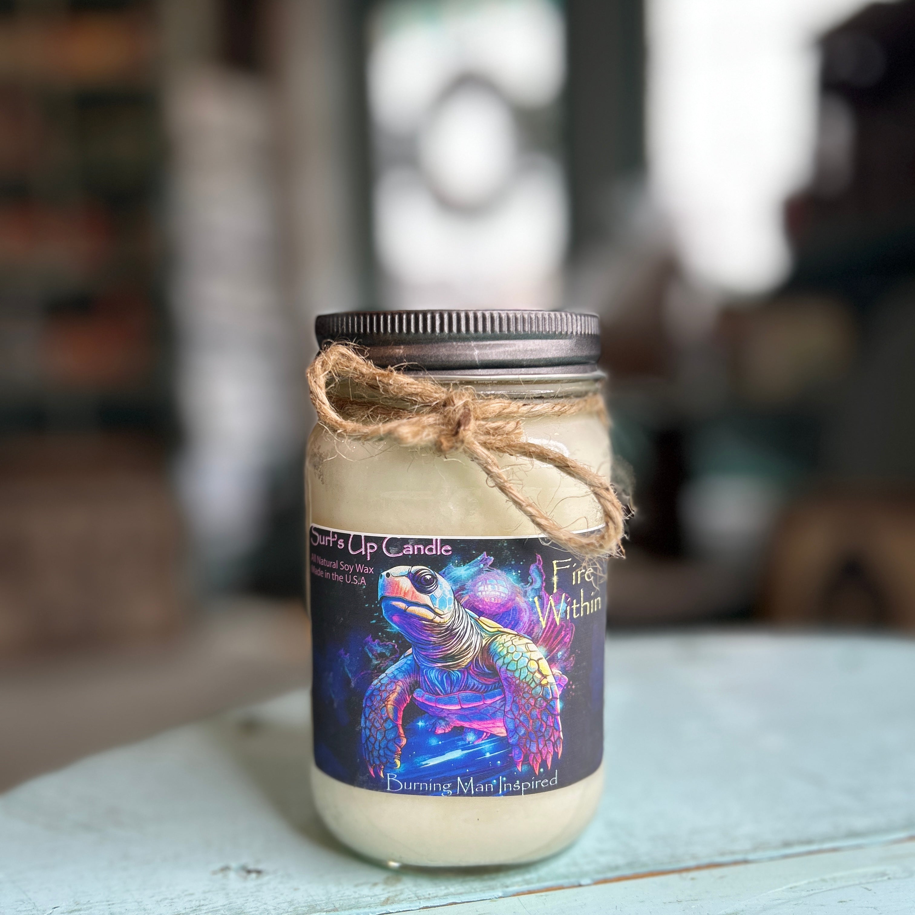 Turtle Fire Within Mason Jar Candle - Burning Man Inspired Collection