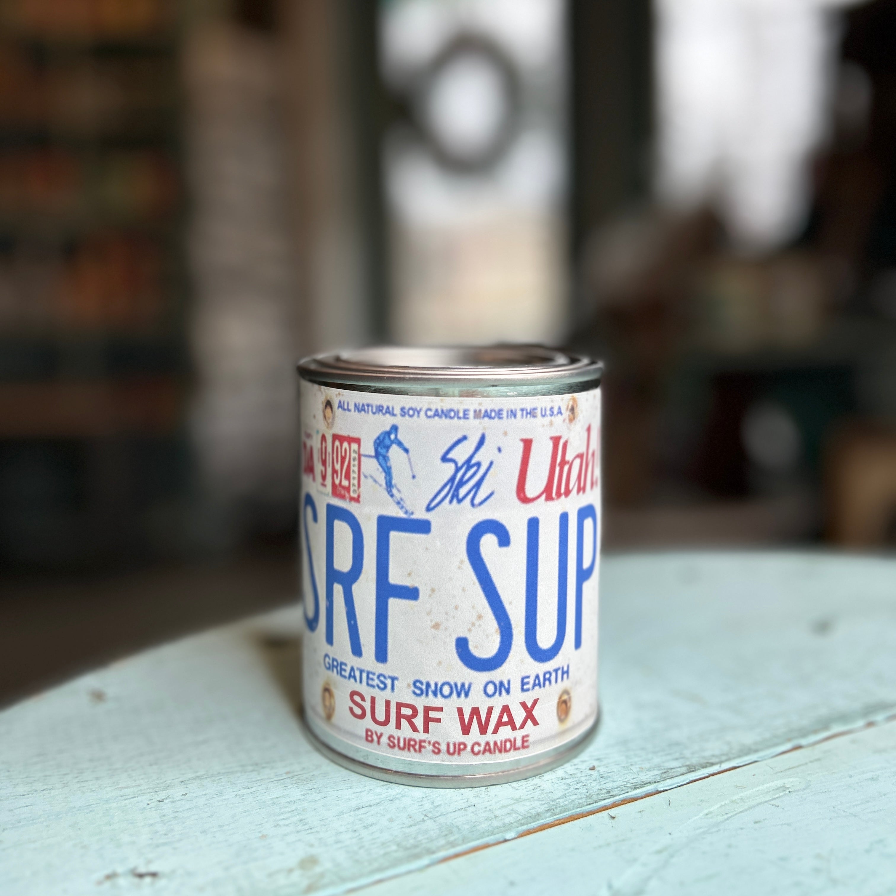 Utah License Plate Surf Wax Paint Can Candle