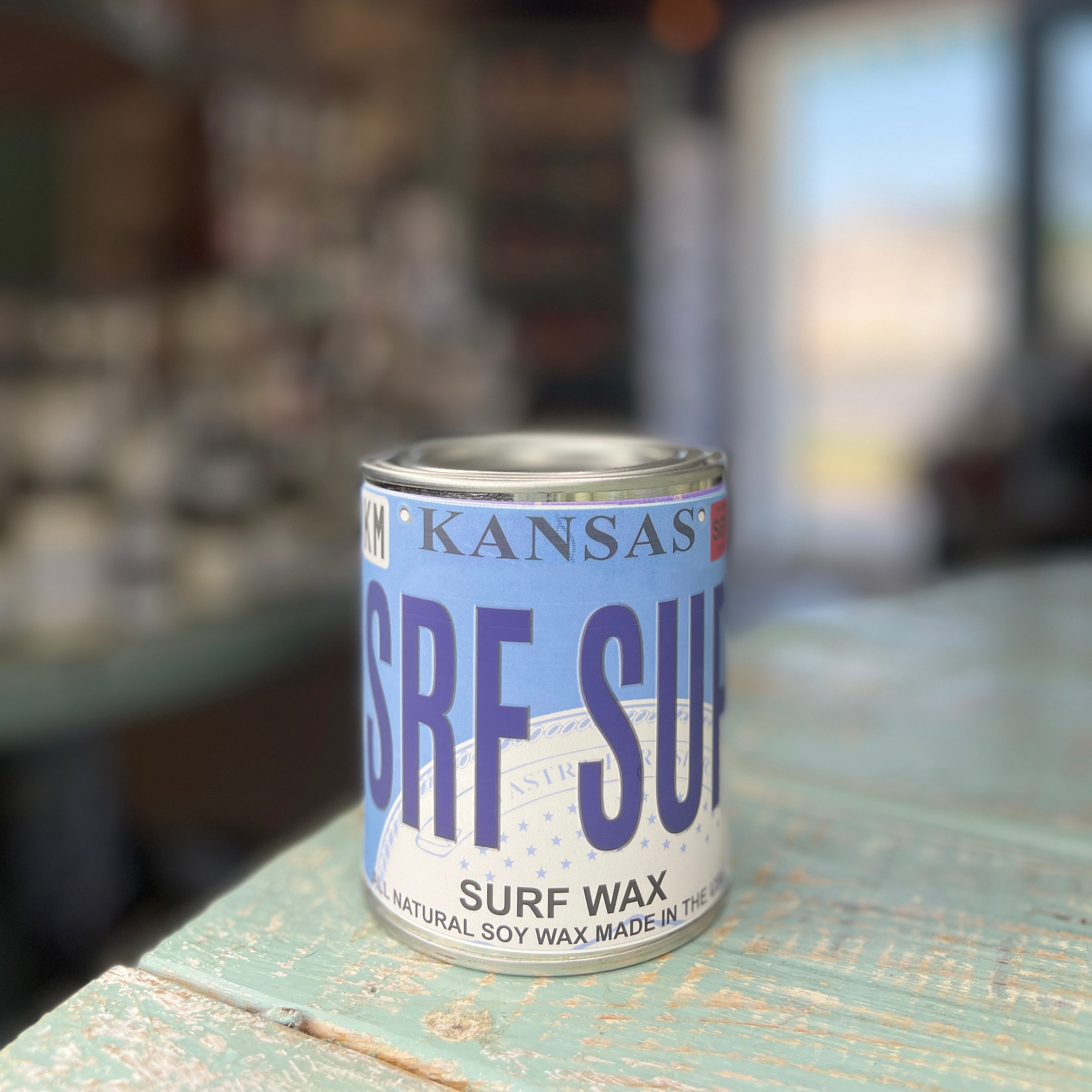 Kansas License Plate Surf Wax Paint Can Candle
