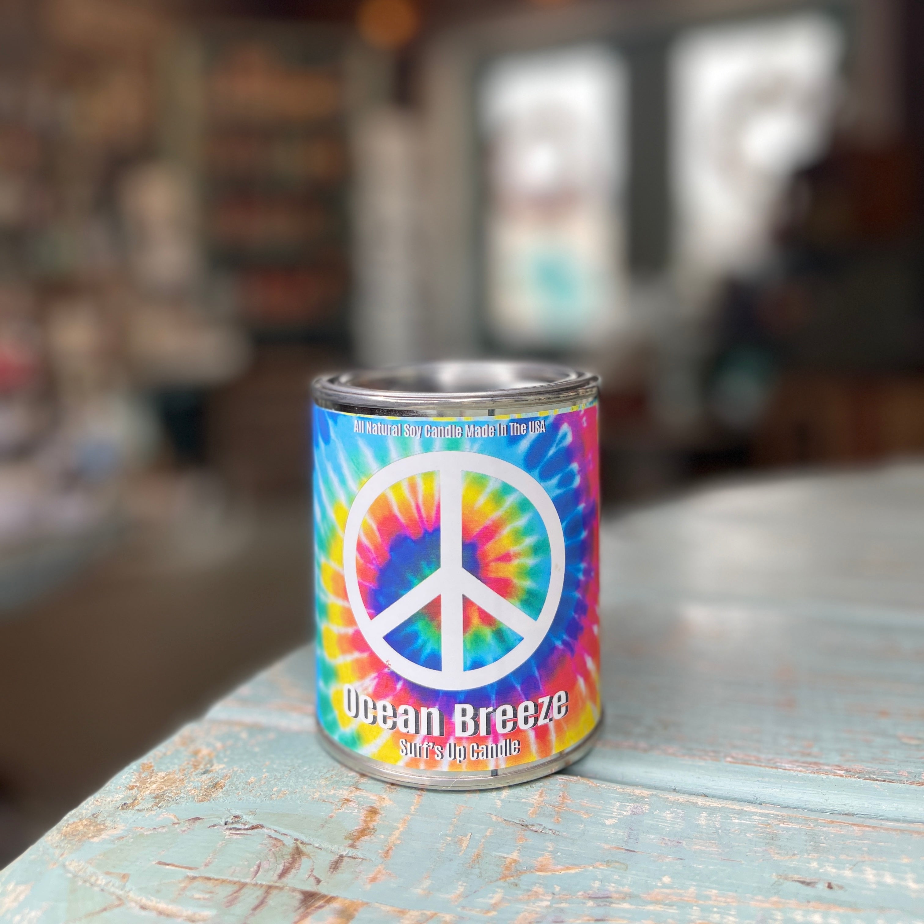 Ocean Breeze Tie Dye Peace Sign Paint Can Candle - Limited Edition
