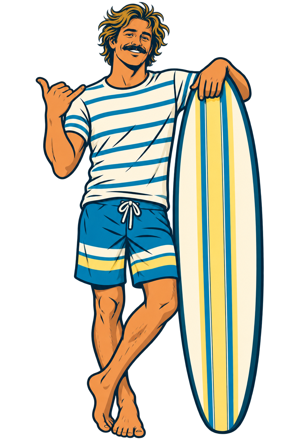 Surf’s Up’s surfer mascot giving a shaka beside his longboard