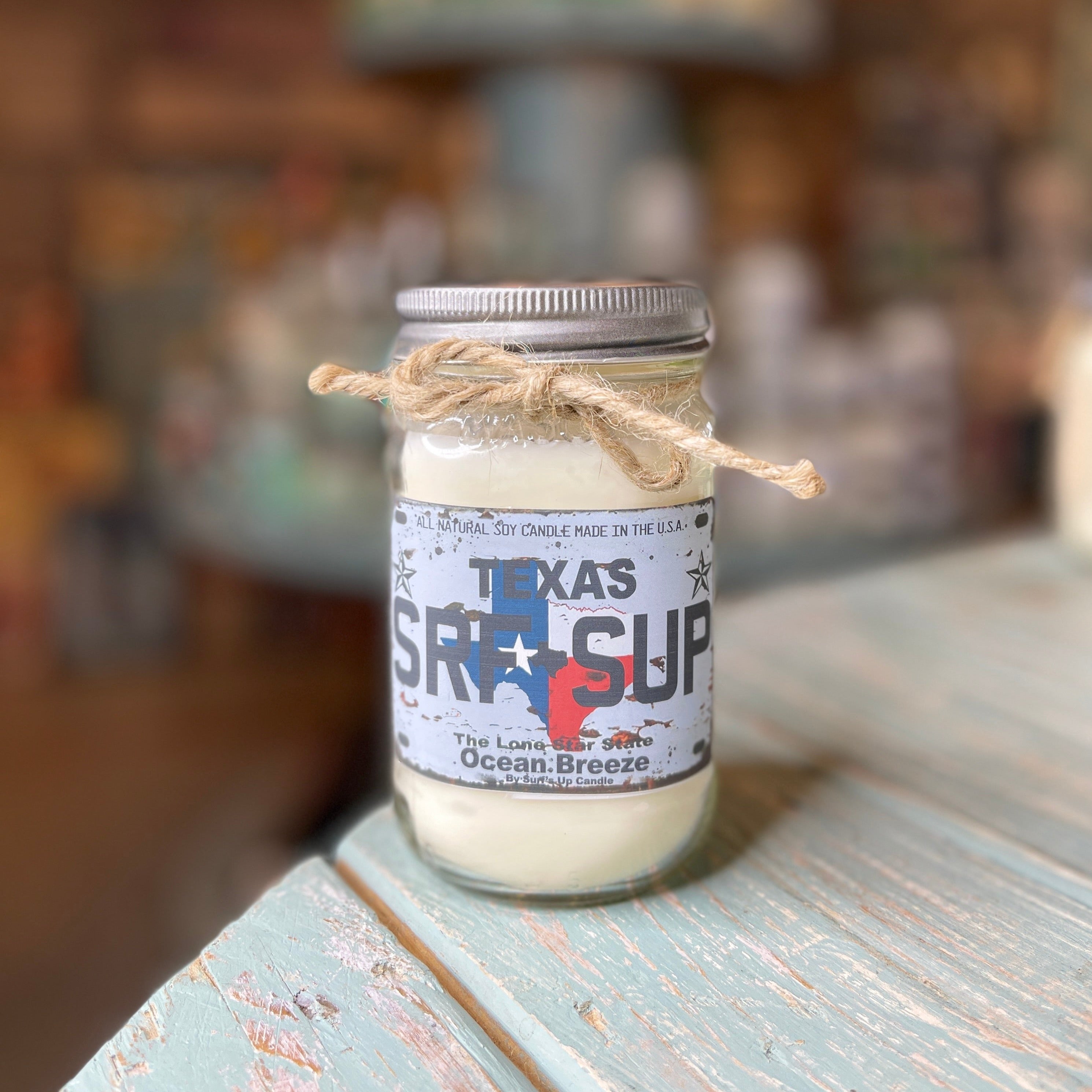 Texas License Plate Ocean Breeze Mason Jar Candle