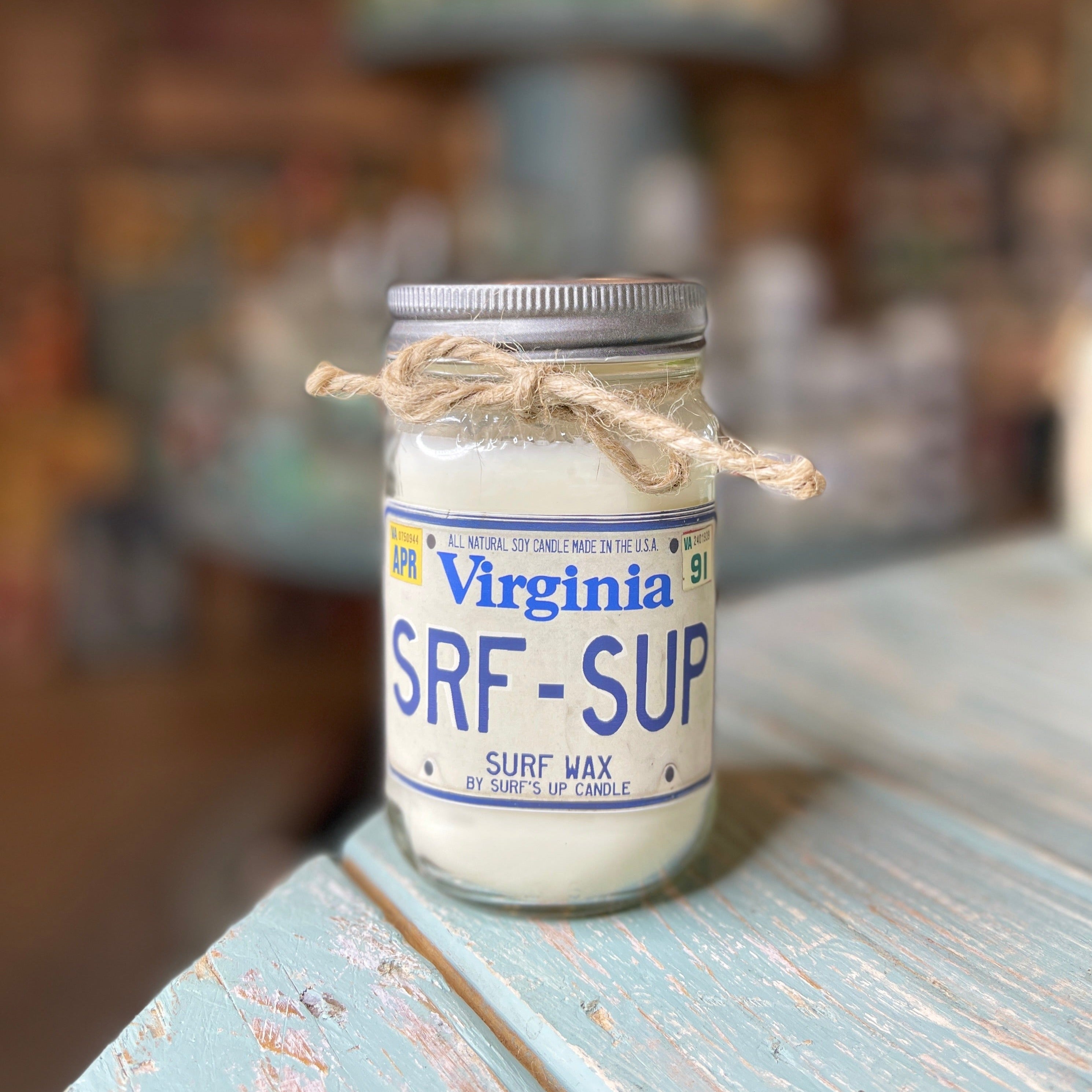Virginia License Plate Surf Wax Mason Jar Candle