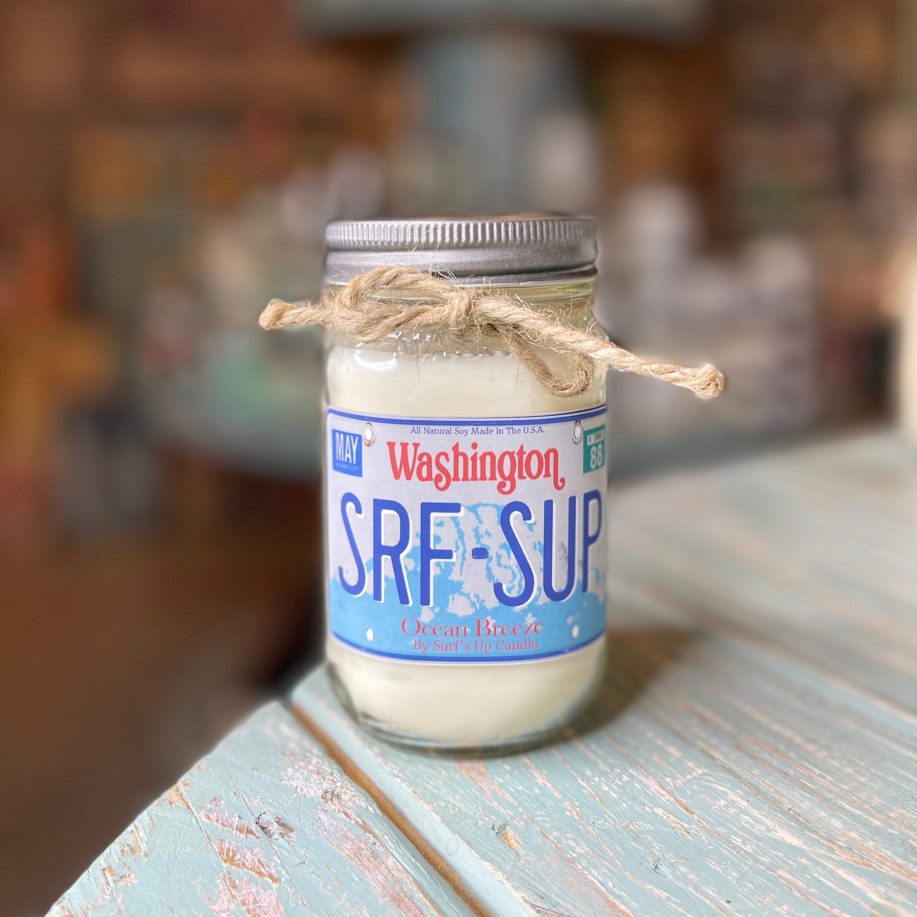 Washington License Plate Ocean Breeze Mason Jar Candle