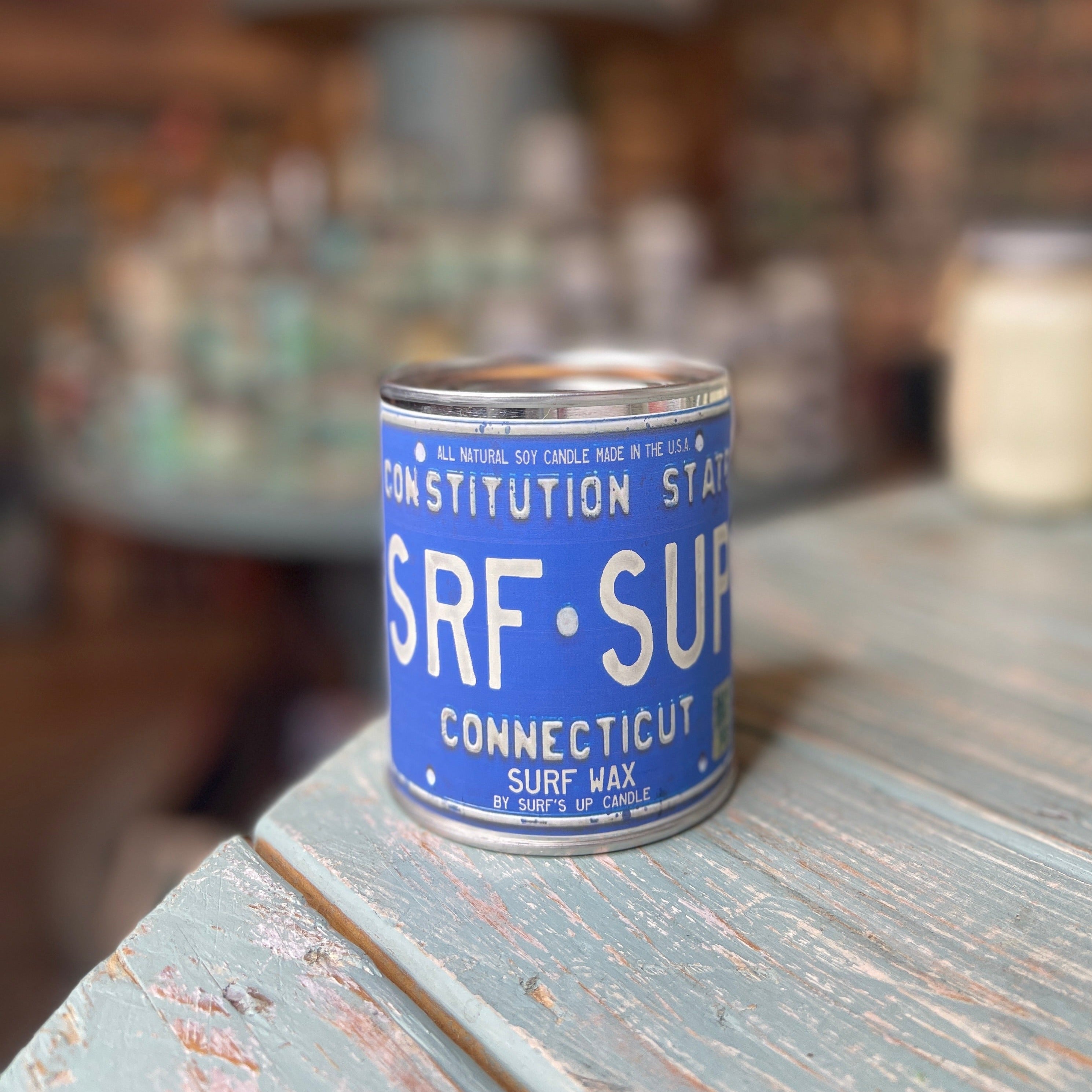 Connecticut License Plate Surf Wax Paint Can Candle