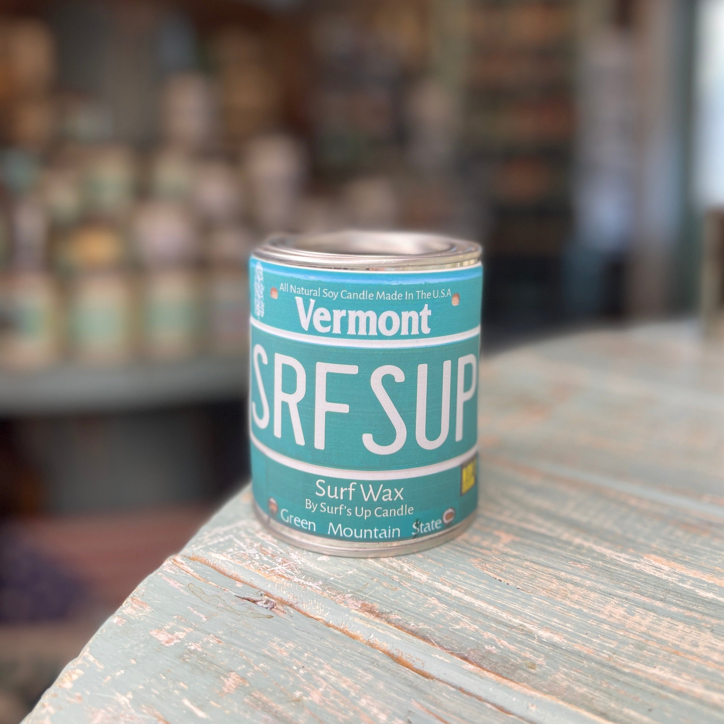 Vermont License Plate Surf Wax Paint Can Candle