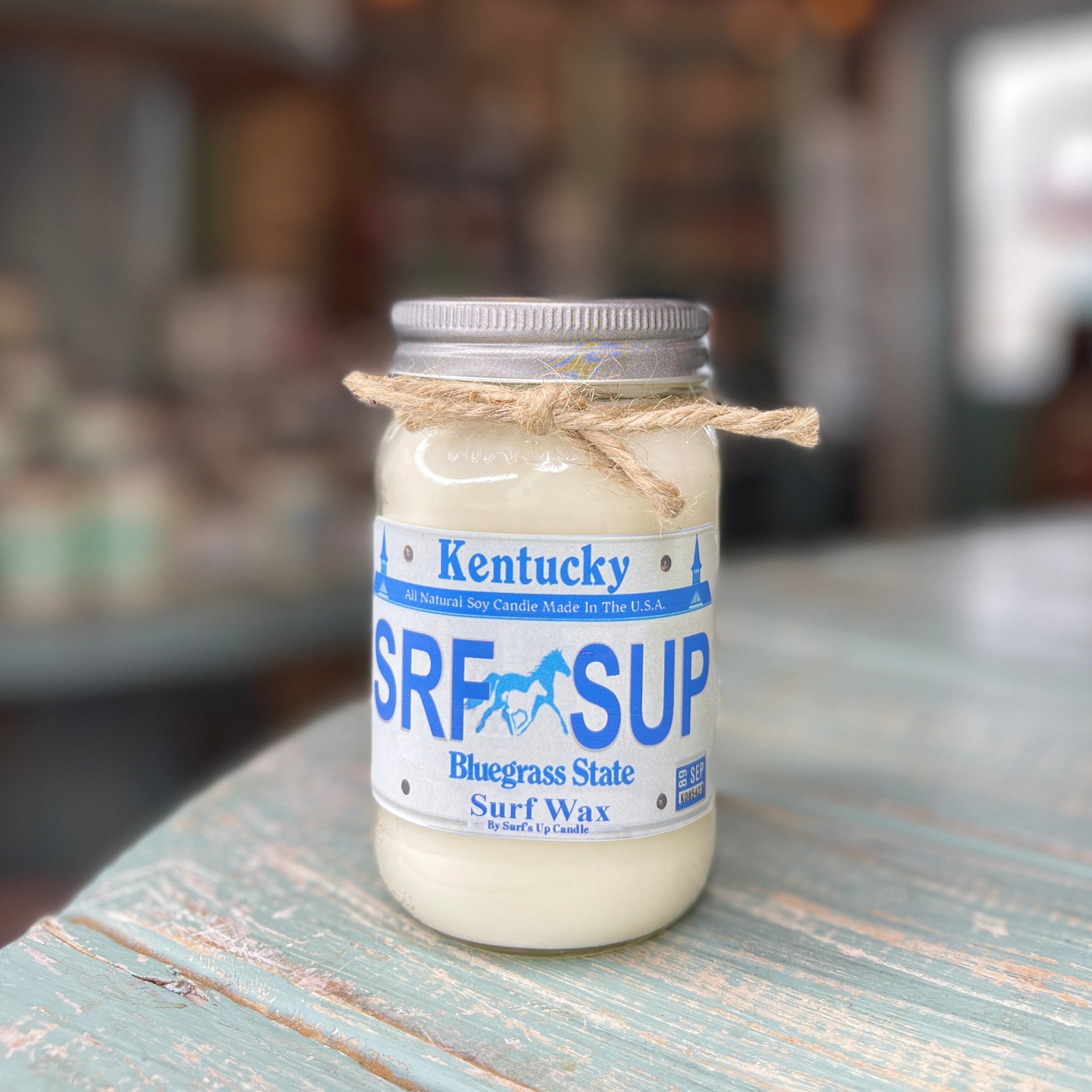 Kentucky License Plate Surf Wax Mason Jar Candle